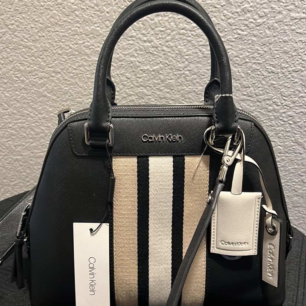 NWT Calvin Klein Black Clara Black Leather Crossbody Satchel w/Canvas detail